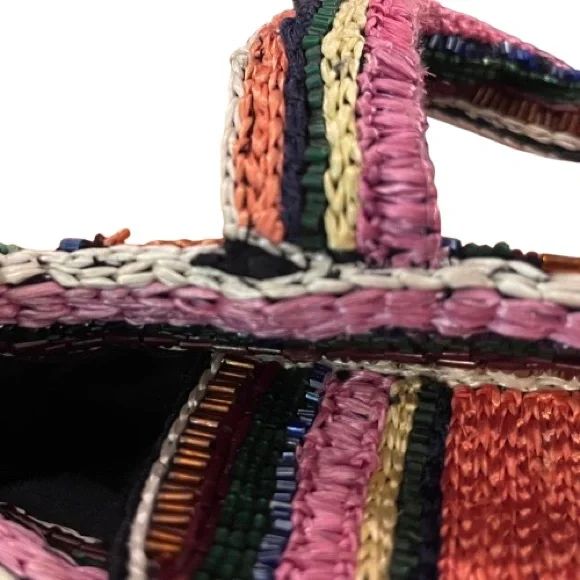 Vintage Multi-Colored Striped Raffia & Seed Beads Purse | Short Fabric Handles - Picture 5 of 7
